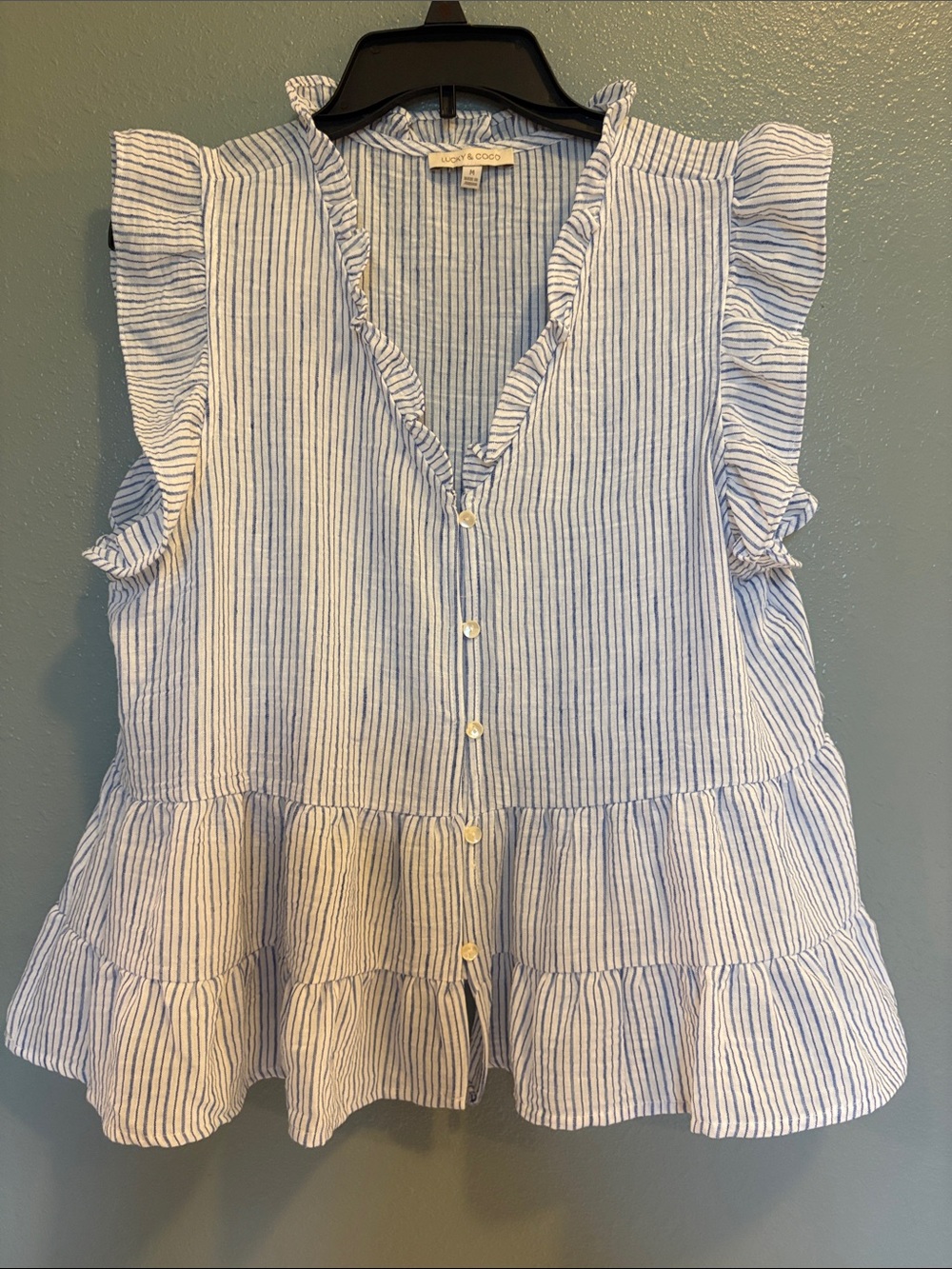 Blue Stripe Ruffle Sleeveless Button-Front Flowy Top - Picture 2 of 11